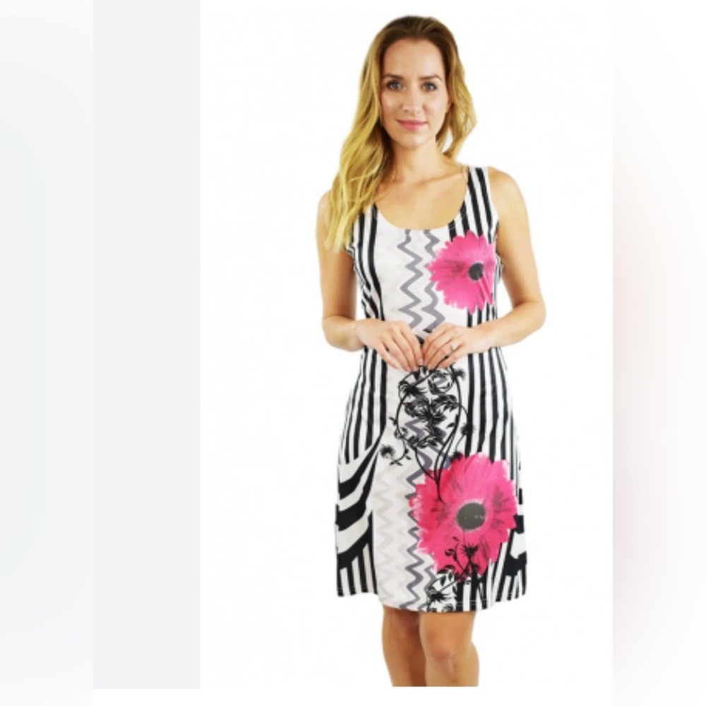 Tango Mango Pink Flower A-Line Black Stripe Sleeveless Shift Dress Women’s XL